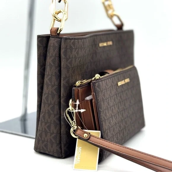 Michael Kors Trisha MD Triple Compartment Bag & Double Zip Wallet Set Brown - Picture 4 of 13
